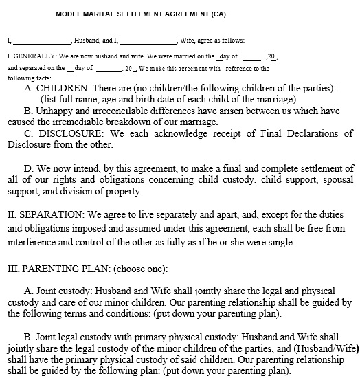 sample marital settlement agreement california