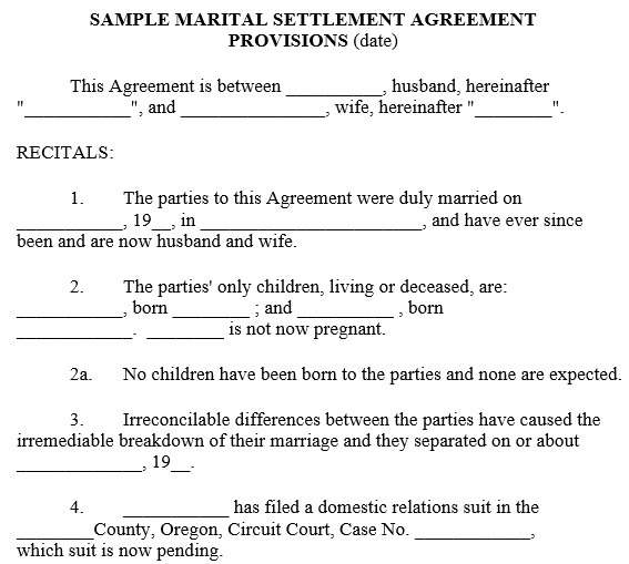 sample marital settlement agreement provisions