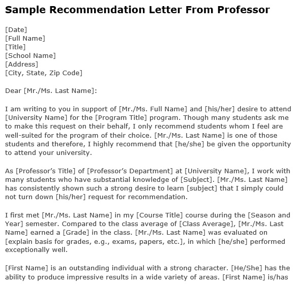 sample recommendation letter from professor