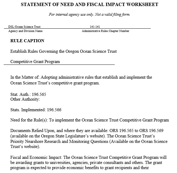 statement of need and fiscal impact worksheet