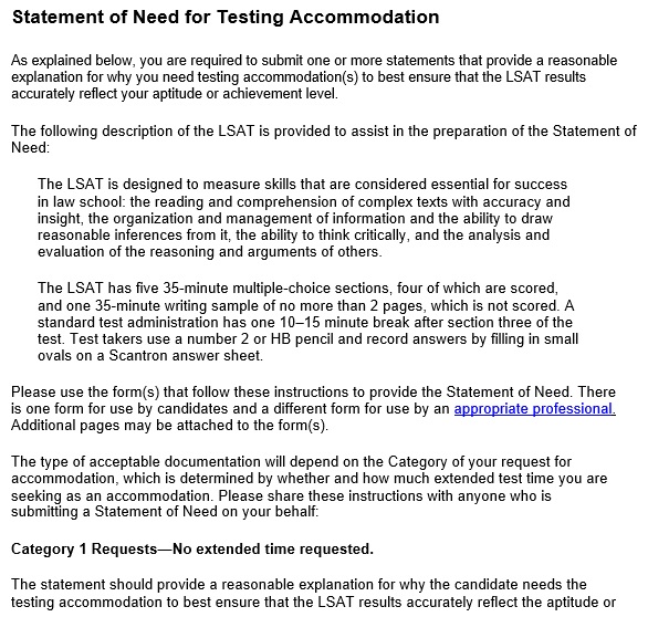 statement of need for testing accommodation