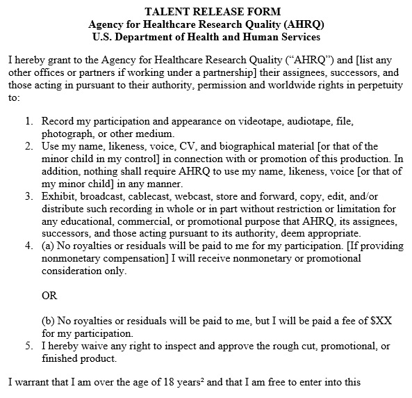 talent release form agency for healthcare research quality assurance