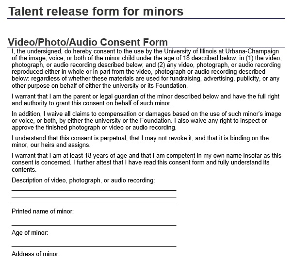 talent release form for minors