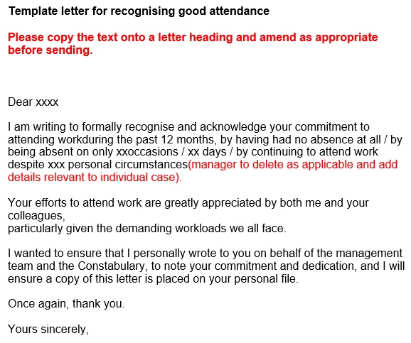 template letter for recognising good attendance