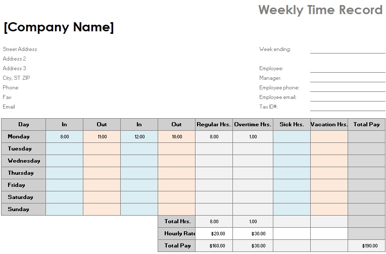 weekly time record template
