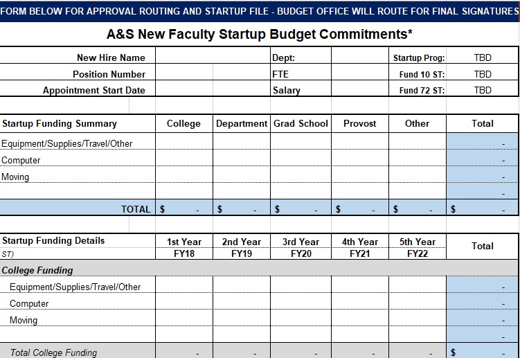 a&s new faculty startup budget commitments template excel