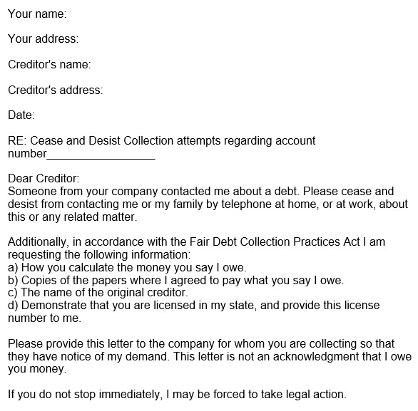 cease and desist collection attempts regarding account number