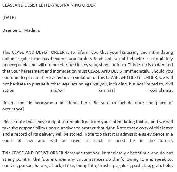 cease and desist letter restraining order