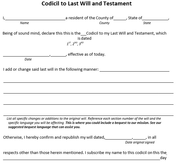 first codicil to last will and testament form