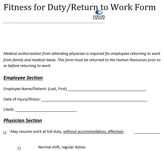 fitness for duty return to work form