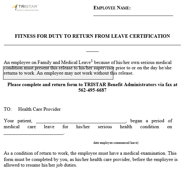 fitness for duty to return from leave certification