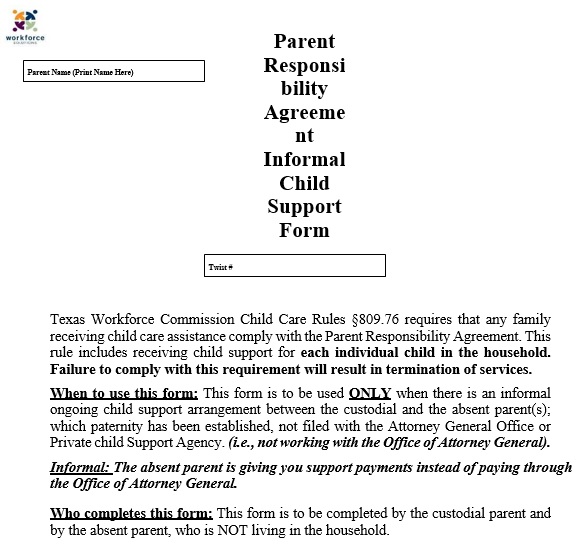 free parent responsibility agreement informal child support form