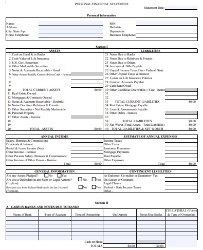 free printable personal financial statement template