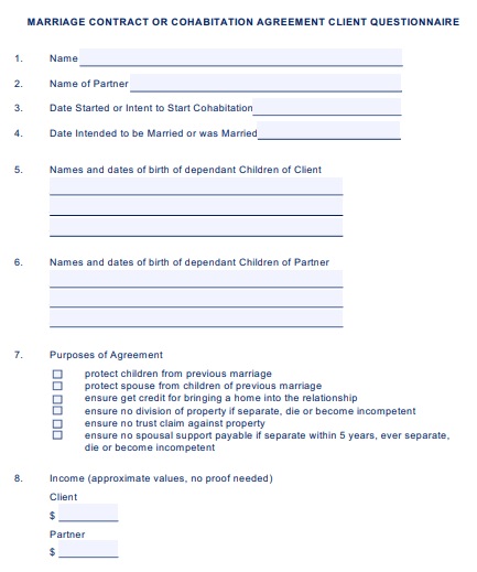 marriage contract or cohabitation agreement client questionnaire