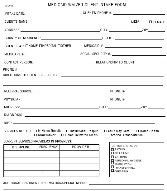 medicaid waiver client intake form