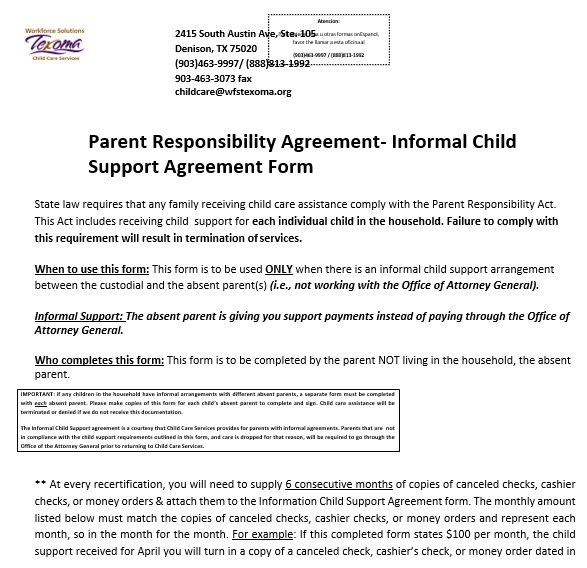 parent responsibility agreement informal child support form