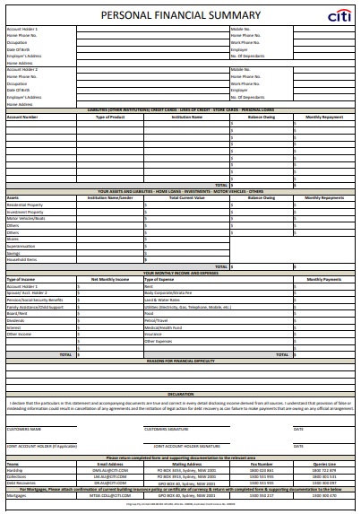 personal financial summary template