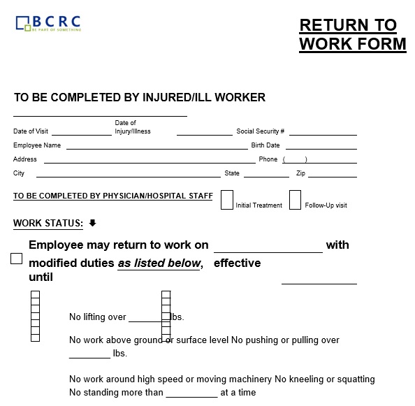 printable return to work form
