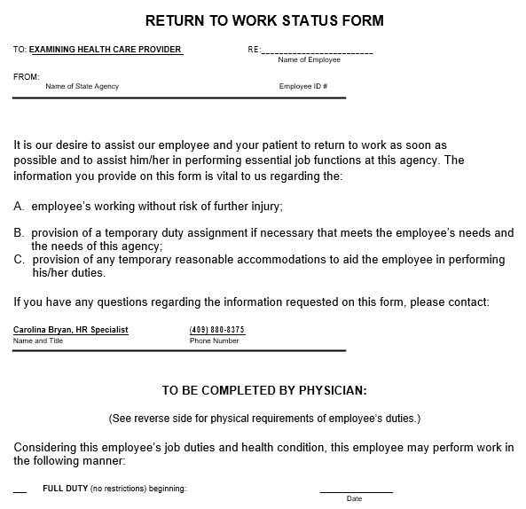 return to work status form