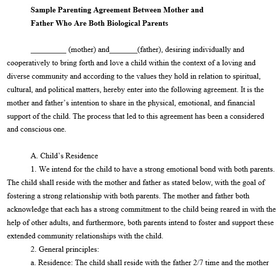 sample parenting agreement between mother and father who are both biological parents
