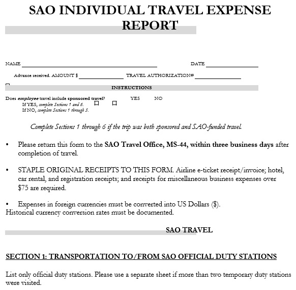 sao individual travel expense report template
