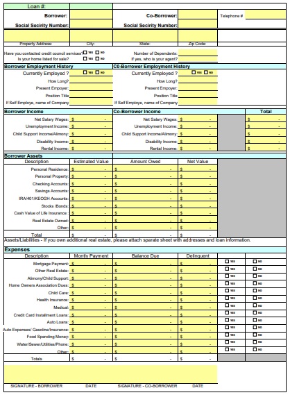 short sales personal financial statement template
