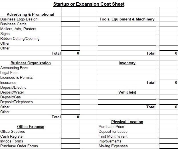 startup or expansion cost sheet template
