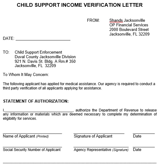 child support income verification letter
