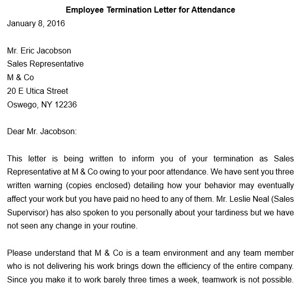 employee termination letter for attendance
