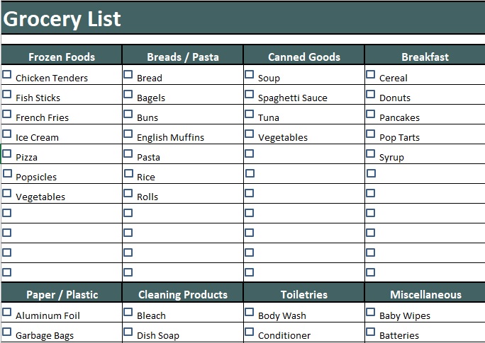 free grocery list template 12