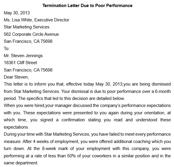 termination letter due to poor performance