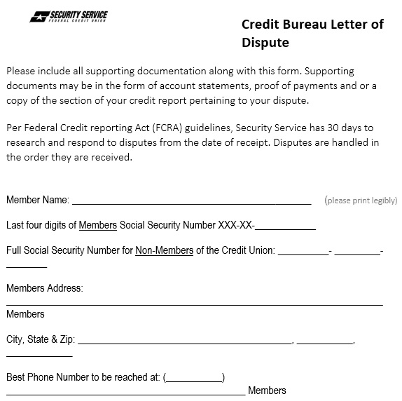 credit bureau letter of dispute