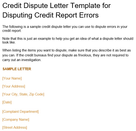 credit dispute letter template for disputing credit report errors