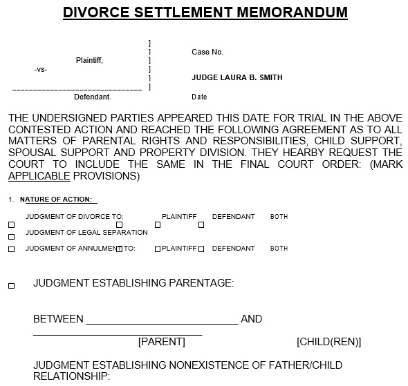 divorce settlement memorandum template