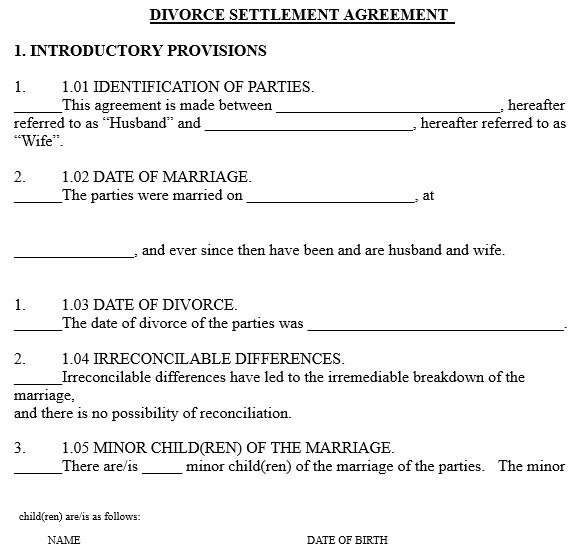 free divorce settlement agreement template 15