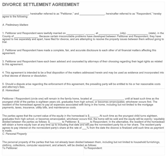 free divorce settlement agreement template 5