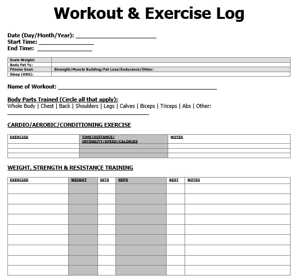 free workout log template 2