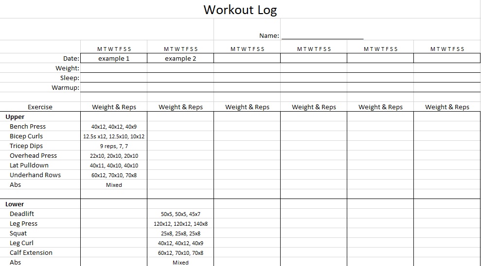 free workout log template 4