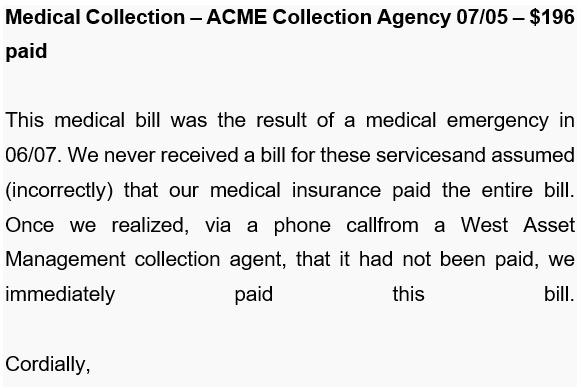 letter of explanation for medical collection