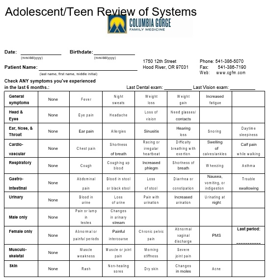 adolescent or teen review of systems template