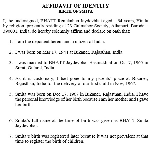 affidavit of identity