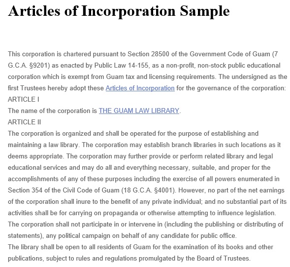 articles of incorporation sample