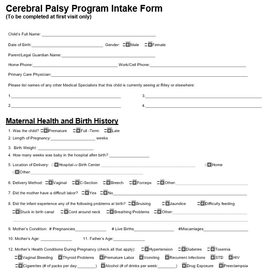 cerebral palsy program intake form