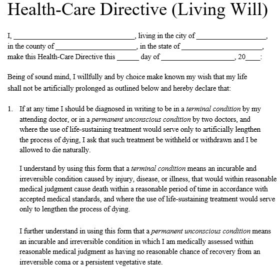 health care directive living will form