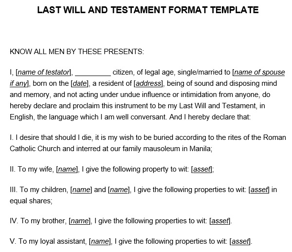 last will and testament template sample