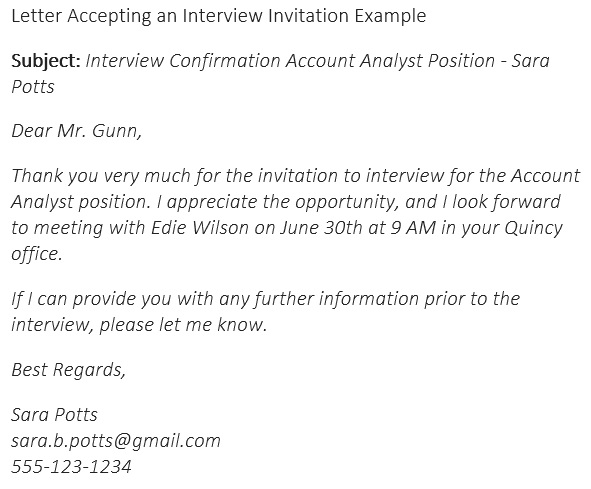 letter accepting an interview invitation example