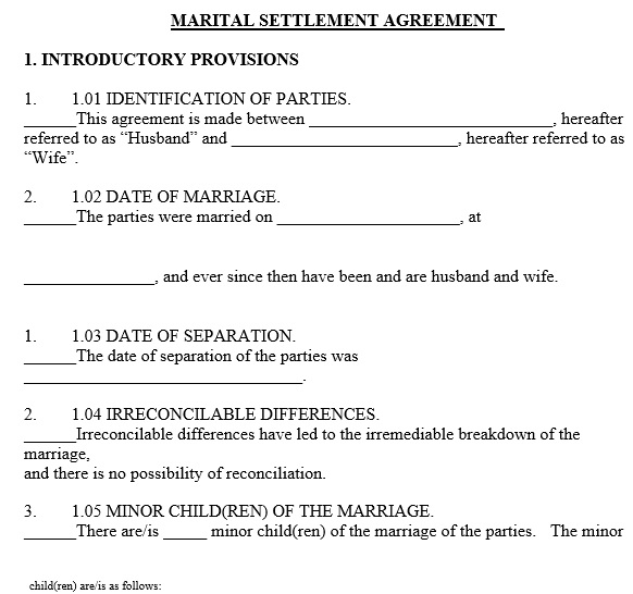 marital settlement agreement template