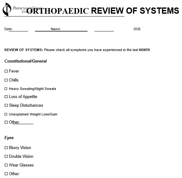 ortho review of systems template