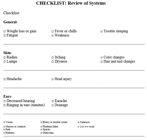 review of systems checklist template