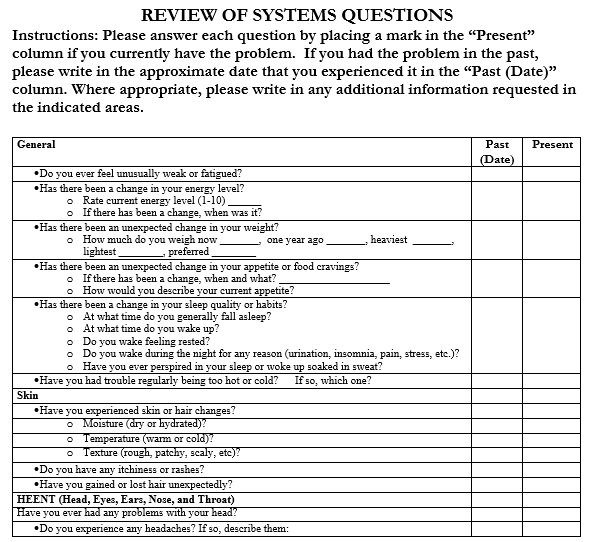 review of systems questions template